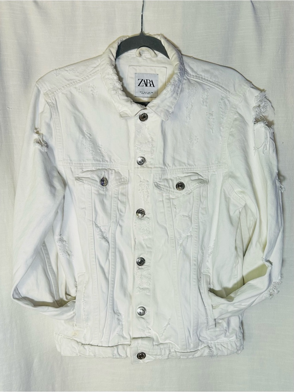 ZARA White Distressed Denim Trucker Jacket - Women's